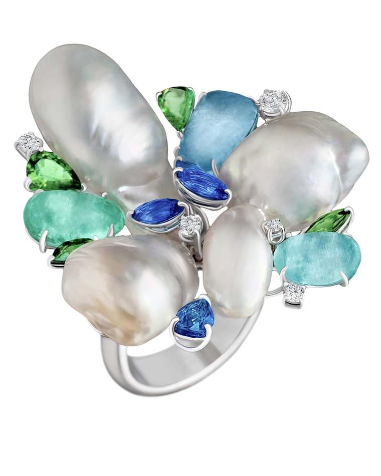 Margot McKinney baroque pearl ring with Paraiba tourmalines, sapphires, tsavorite garnets and diamonds.